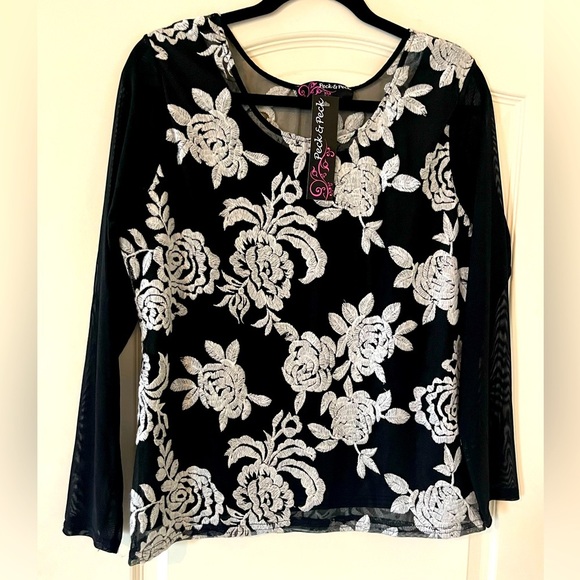 NEW! Peck & Peck Black & White Floral Blouse Women’s Size Large - Picture 1 of 12